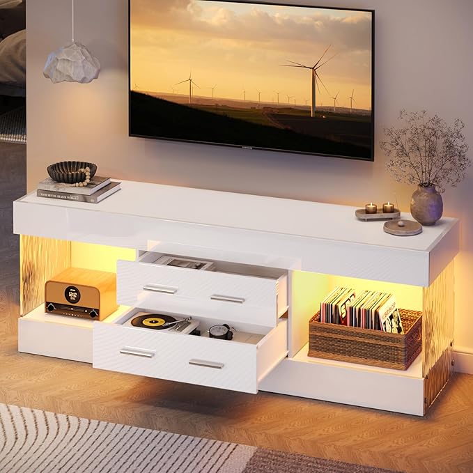 Bestier Modern 60 Inch TV Stand for 65/60/55+ TV High Gloss White Entertainment Center with 2 Drawers &amp LED Lights Stone-Pattern Side Panels TV Consoles for Living Room Bedroom