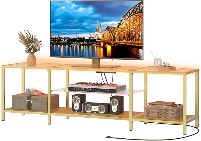 HOOBRO TV Stand with LED Lights and Power Outlets for TVs up to 75 Modern 70.9 Inch Tempered Glass TV Console Table with Open Shelves Media Entertainment Center for Living Room Gold GD185UDS01