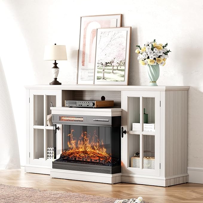 YESHOMY Glass Fireplace TV Stand for TVs up to 65 Inch Media Entertainment Center with Storage White Wash