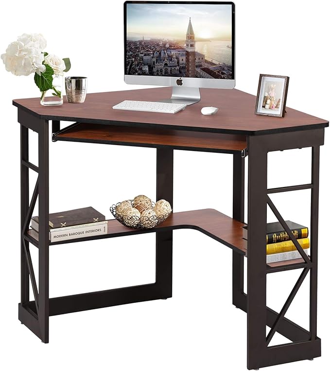 VECELO Corner Computer Desk 41 x 30 inches with Smooth Keyboard &amp Storage Shelves for Home Office Workstation Teakwood Brown