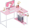 Pamray 43 Inch L Shaped Computer Desk with Reversible Side Storage Shelves Small Corner Desk for Small Space Home OfficeWriting Study Table PC Desk for BedroomPink with White Leg