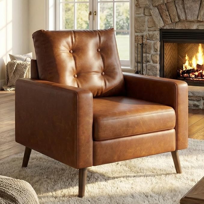 Wahson Office Chairs PU Accent Arm Chair with Tufted Back Faux Leather Comfy Upholstered Single Sofa Mid Century Modern Side Club Chair with Wood Legs for Reading/Living Room/Bedroom Caramel