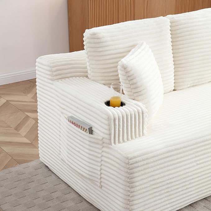 Loveseat Sofa Cloud Boneless Couch Corduroy Upholstered Deep Seat Beanbag Sofa Chair with Cup Holder &ampSide Pocket Modern Comfy Compression Memory Foam Couch for Living Room Bedroom(66.5 W Bei