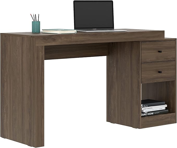 Expandable Desk with Storage Drawers &amp Open Shelf - Expands from 47 Inch to 57 Inch - Walnut Computer Desk with Printer Space - Modern Home Office Table with Drawers - Techni Mobili Blanco Collect
