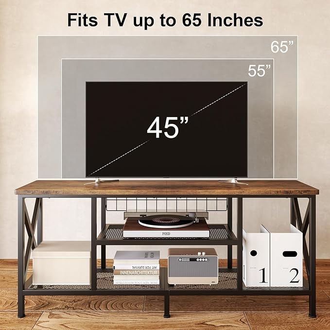 Gizoon 59.8 Industrial TV Stand for 55-65 Inch TVs Rustic Brown 3-Tier Media Entertainment Center with Open Shelves Metal Frame Sofa Table for Living Room Bedroom Office