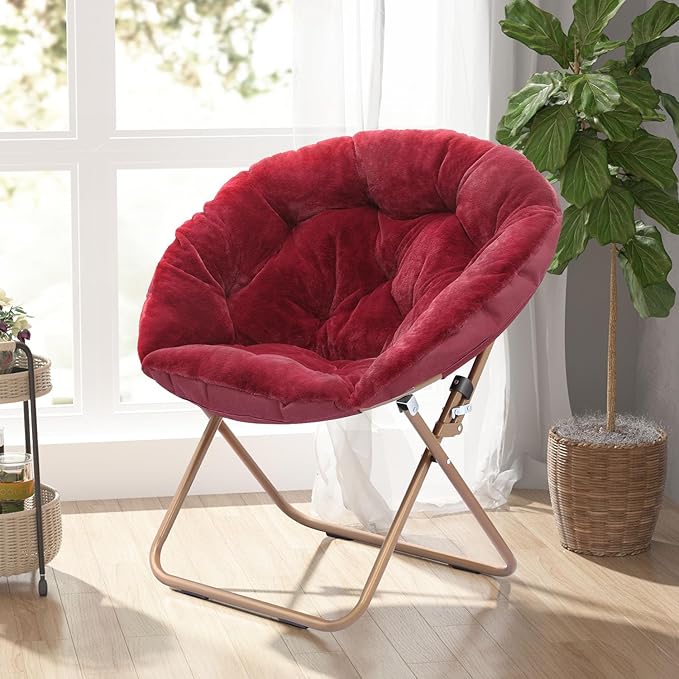Cozy Saucer Chair Living Room Chair Faux Fur Soft Thick Padded Seat Metal Frame Folding Chair Comfortable Moon Chair for Living Room Bedroom Reading Nook Modern Style 2 Pack Red