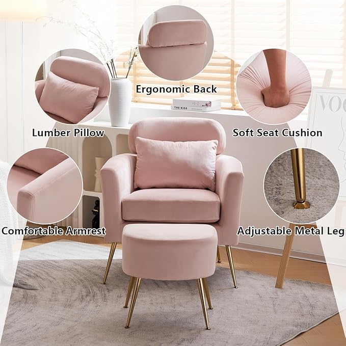 Accent Chair with Ottoman Velvet Wingback Chair with Lumbar Pillow and Footstool Upholstered Single Sofa Chair with Golden Metal Legs Leisure Armchair for Living Room Bedroom Office Pink
