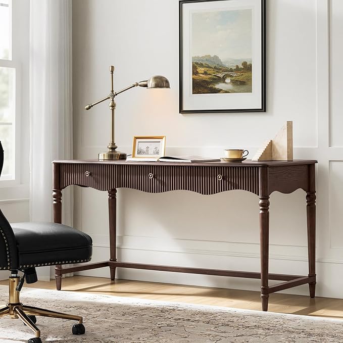 HULALA HOME 60 Fluted Executive Desk with Charging Station 3 Drawers Home Office Desk with Solid Wood Spindle Legs Wood Writing Desk with Storage Natural Wood Grain Texture Auburn