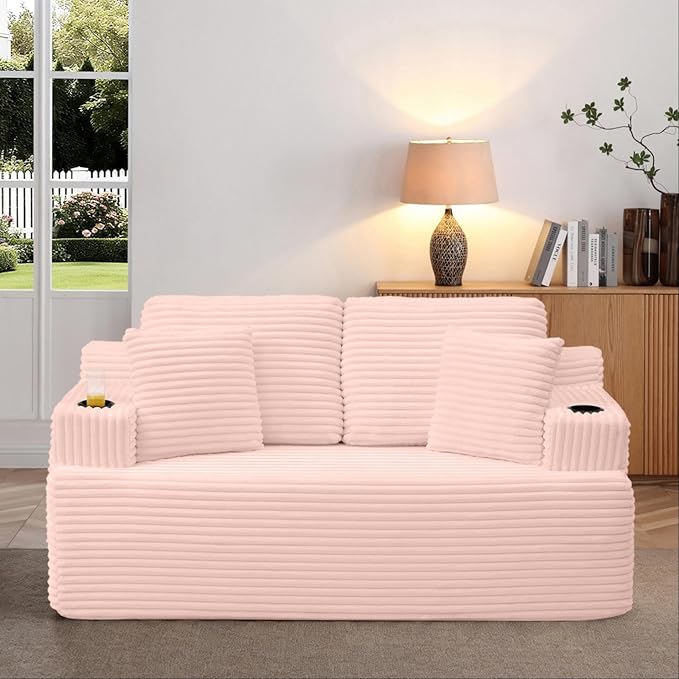 66.5'' Boneless Sofa Couch with Cup Holders &amp Side Pockets Modern Corduroy Fabric Upholstered Loveseat Couch with 2 Throw Pillows for Living Room Office No Assembly (Pink)