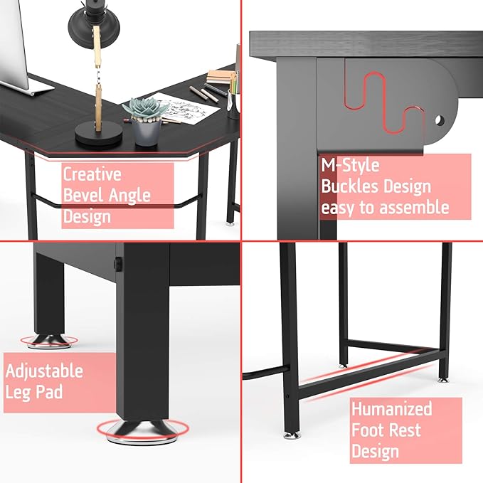 Weehom L-Shaped Desk Black Corner Gaming Computer Desks for Home Office PC Workstation Study Writing Work TableWood &amp Metal 66 Inch