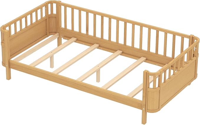 Bellemave Twin Size Montessori Bed with Fence and Slats Natural