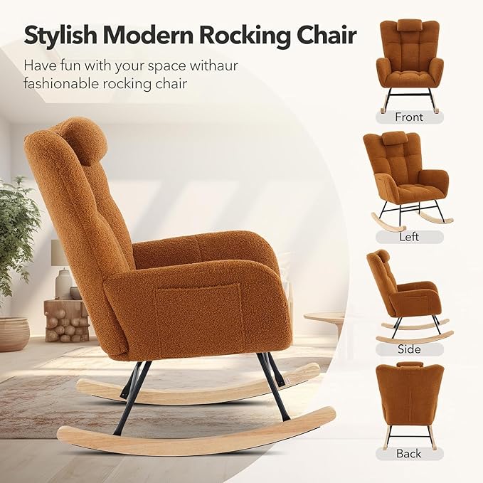 Nursery Rocking Chair Teddy Fabric Upholstered Glider Rocker with High Backrest Reading Chair Modern Rocking Accent Chairs Glider Recliner for Living Room Nursery Bedroom-Brown