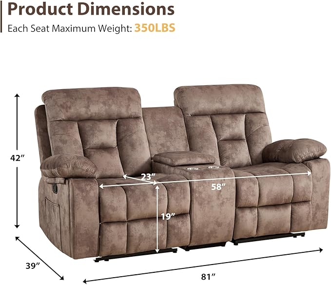 EBELLO Loveseat Recliner Sofa for Living Room Extra Wide Modern Overstuffed 2 Seat Reclining Manual Sofa Chair with Hidden Armrest Cup Holders Breathable Fabric Brown