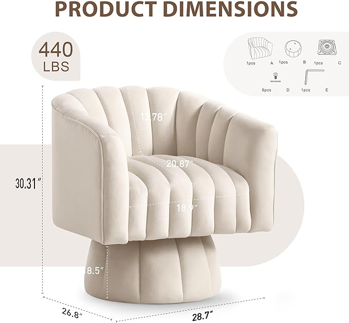 YSICK Swivel Accent Chair360°Swivel Barrel Chairs Mid-Century Chair with Wide Upholstered Modern Velvet Fabric Round Armchair for Living Room Lounge Bedroom