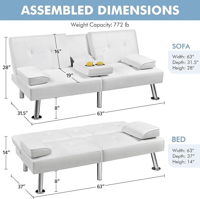 Yaheetech Convertible Sofa Bed Adjustable Couch Sleeper Modern Faux Leather Home Recliner Reversible Loveseat Folding Daybed Guest Bed Removable Armrests Cup Holders 3 Angles 772lb Capacity White
