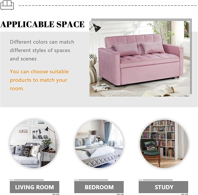54 Convertible Sofa Bed Velvet Sleeper Sofa with Pull-Out Bed 3-in-1 Futon Couch with Reclining Backrest and Side Pocket Modern Loveseat for Living Room (Pink)