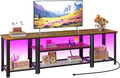 WelFurGeer Industrial Metal TV Stands with RGB LED Lights &amp Built-in Power Outlets - Modern TV Entertainment Center for Living Room Open Grid Design TV Console with Storage (Brown)
