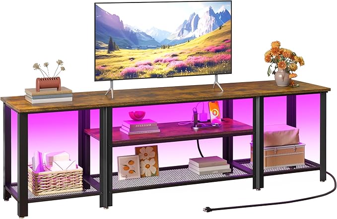 WelFurGeer Industrial Metal TV Stands with RGB LED Lights &amp Built-in Power Outlets - Modern TV Entertainment Center for Living Room Open Grid Design TV Console with Storage (Brown)
