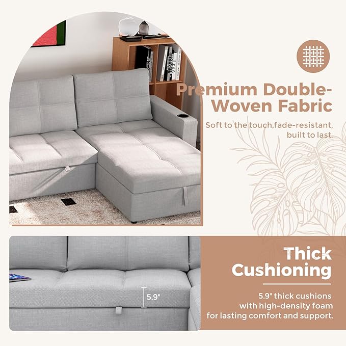 85 inch Large Sleeper Sofa Bed with StorageL Shaped Sectional Couch Bed2 in 1 Pull Out Couches with Convertible ChaiseUSB ChargingCup Holders and Side Pockets Gray