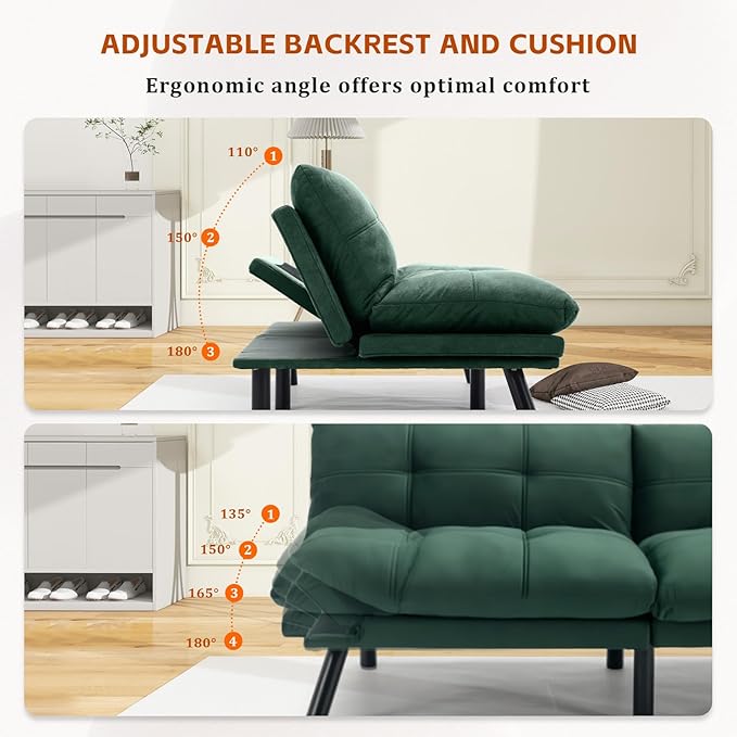 67” Velvet Futon Sofa Bed Convertible Small Upholstered Couch 2-Seat Loveseat Sleeper with Adjustable Backrest and Armrest for Small Space ApartmentGaming RoomOffice(Green)