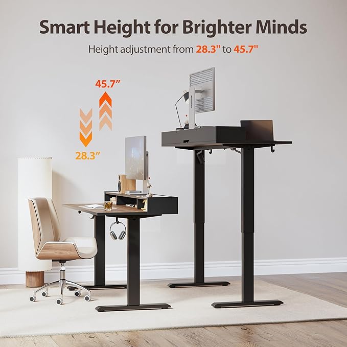 Agilestic Glass Standing Desk with Storage 48 Inch Electric Adjustable Desk with Glass Shelf Sit Stand Up Home Office Computer Table Splice Board Dark Walnut