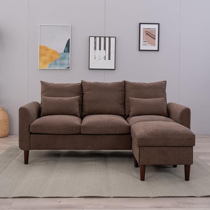 Panana 3 Seater with Footstool Chaise Small L-Shaped Corner Sofa Couch Armchair Furniture for Living Room Office (Brown Linen 3 Seater + Ottoman)