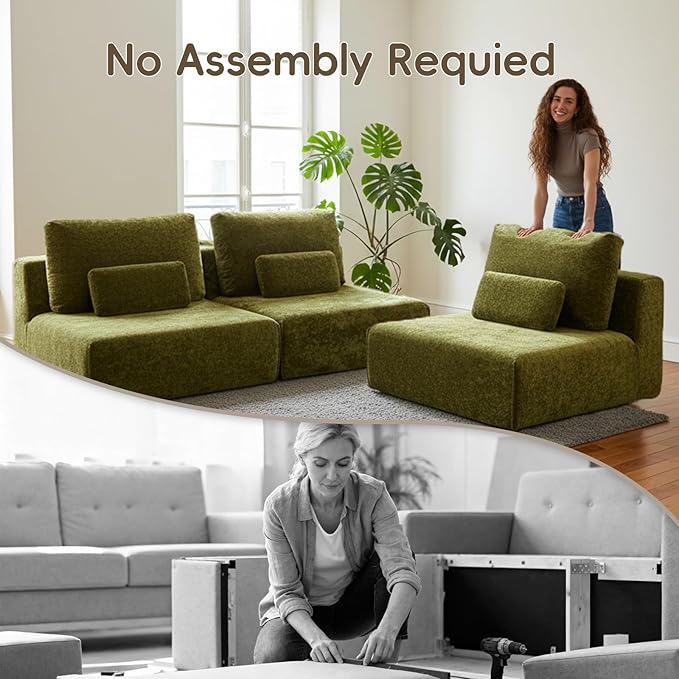 Modular Sectional Sofa 3-Piece Green Plush Velvet Couch Loveseat No-Assembly Compressed Deep-Seat 3-Seat for Living Rooms Family Spaces Reading Nooks