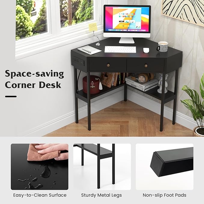 Corner Desk with Charging Station 90° Triangle Desk w/ 2 Drawers Storage Shelves Corner Vanity Table for Bedroom Compact Computer Desk for Small Space