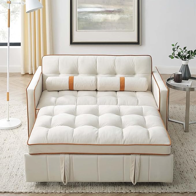 Sleeper Sofa Couch w/Pull Out Bed 55 New Upgraded Tufted Velvet Convertible Sleeper Couch Bed Small Love seat Sofa w/ 2 Pillows for Small Space Living Room Apartment Beige