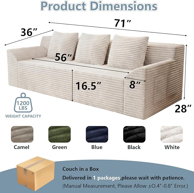 71Cloud Loveseat SofaModern 2-Seater Boneless Couch with 3Pillows &amp Side PocketSoft Corduroy LoveseatCompressed FoamDeep SeatNo Assembly for Living RoomBedroomApartment(Tilted Armrest Whi
