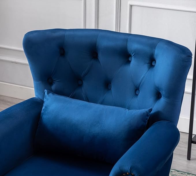 Mid Century Modern Accent Chair Upholstered Armchair Comfy Velvet Fabric Single Sofa with Tufted Wingback for Small Spaces Bedroom Living Room Blue