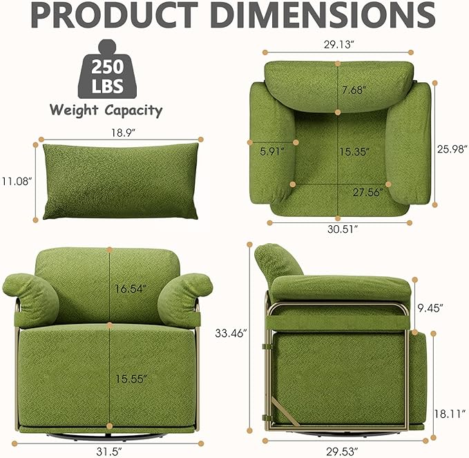 Swivel Accent Chairs 360 Swivel arm Chairs for Bedroom Club Chair with Back Gold Frame Tall Base for Office and Living Room (Green)
