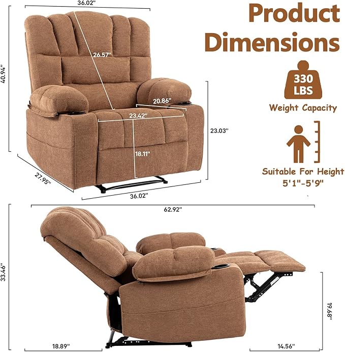 Massage Recliner Chair with Heat Brown Recliner Chair with Cup Holder for Adults Manual Reclining Chairs Large &amp Oversized Recliners for Living Room Fabric Heavy Duty (Brown)