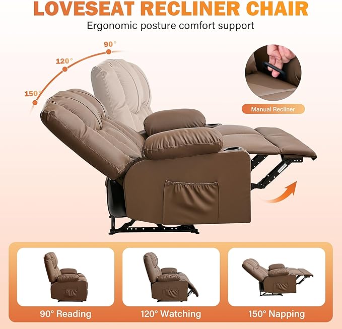 Brown Leather Reclining Loveseat with Massage/Heat/Pillow/USB/Cup Holders Oversized Loveseat Recliner for Living Room Manual Reclining Sofa for Adults 700 Lbs Capacity (Brown)