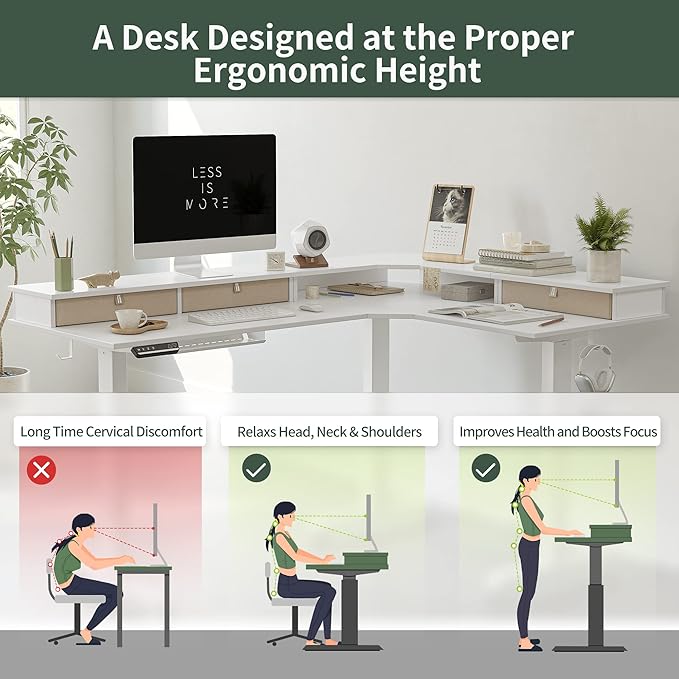 FEZIBO 63 Triple Motor L Shaped Standing Desk with 3 Drawers 330LBS Electric Standing Gaming Office Desk L Shape Pure White