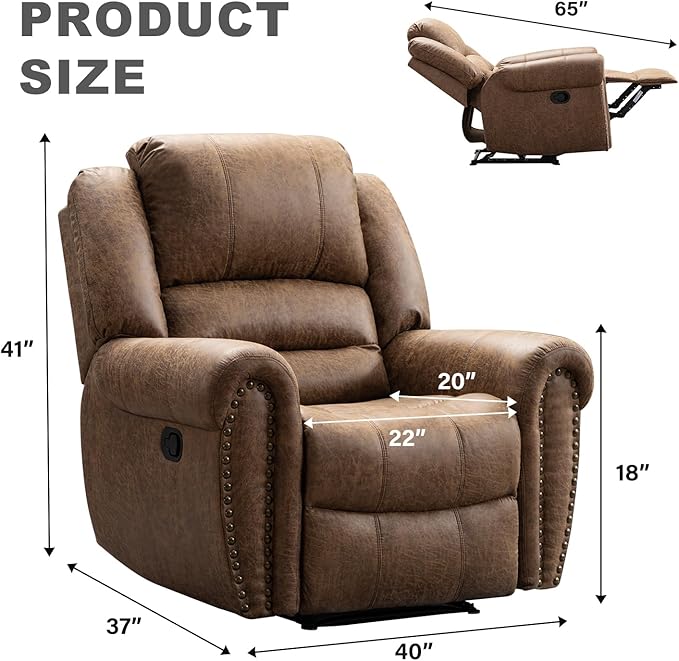 INZOY Leather Recliner Chair Heavy Duty Manual Reclining Sofa Single Lounge Sofa for Living Room Home Theater Seating Light Brown
