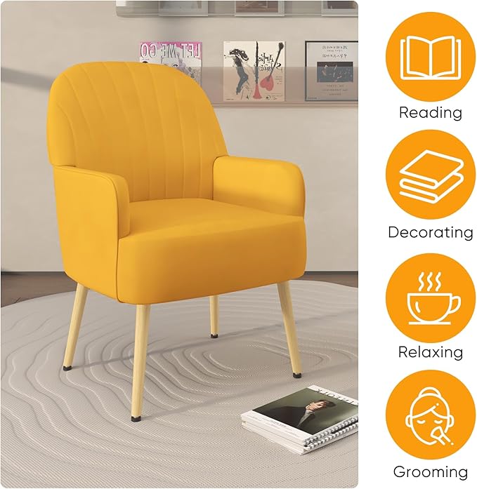 Velvet Accent Chair Mid Century Modern Accent Chairs for Living Room Comfy Upholstered Armchair with Metal Legs for Bedroom/Apartment/Office/Waiting Room Yellow