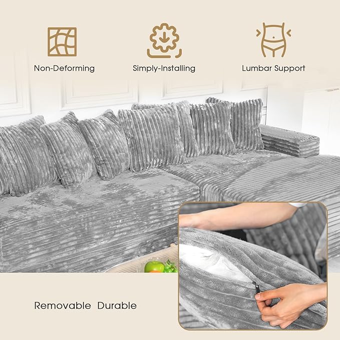 smilesun Luxe Oversized L Shaped Sofa with ChaiseComfy Faux Fur Plush L Shaped Sectional Couches with 8 PillowsSoft Fluffy Upholstered Sofa Bed for Living Room Apartment Bedroom (Grey)