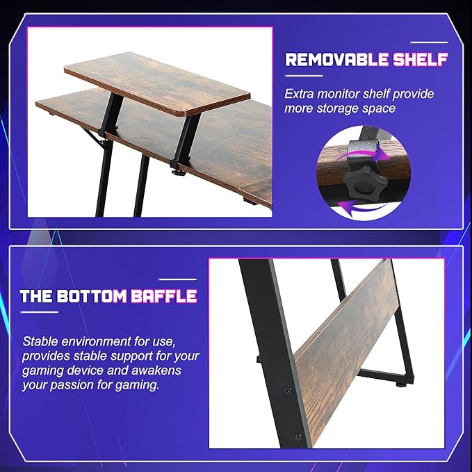NChanmar L Shaped Gaming Desk with Monitor Riser Stand Home Office Corner Desk for Studying Working and Gaming Large Desktop Brown