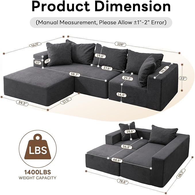 Vamcheer Modular Sectional Sofa - Modern L Shaped Boneless Couch with Deep Seat Upholstered Sectional Couches for Living Room Bedroom Office No Assembly Required Gray