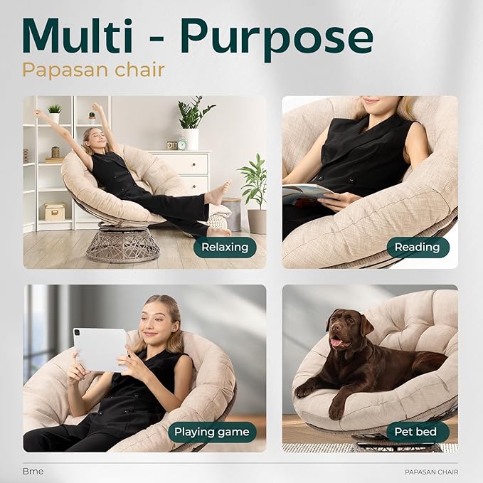 Bme 40 Ergonomic Wicker Papasan Chair with Soft Thick Density Fabric Cushion High Capacity Steel Frame 360 Degree Swivel for Living Bedroom Reading Room Lounge Sepia Sand - Brown Base