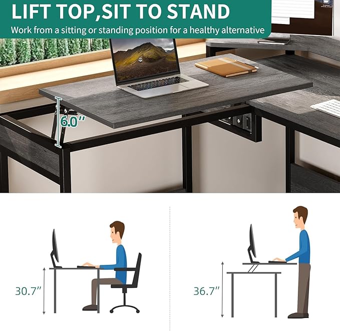 YITAHOME L Shaped Desk with Lift Top 65 Adjustable Standing Desk with File Drawer Corner Computer Desks with Storage Shelves Grey