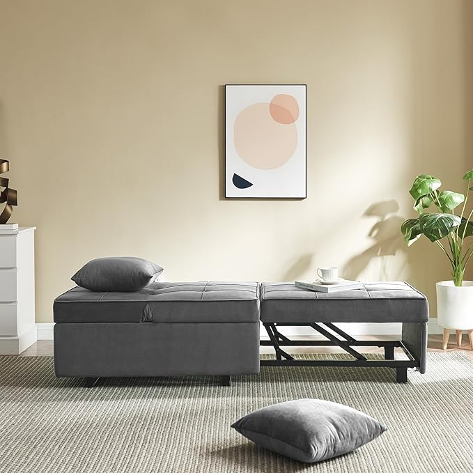 Sofa Bed 4-in-1 Convertible pull out Couch Velvet Love seat Couch Sleeper Chair Bed with 2 Throw Pillow Single Recliner with 5 Adjustable Backrests for Living Room Apartment Small Space Light Grey