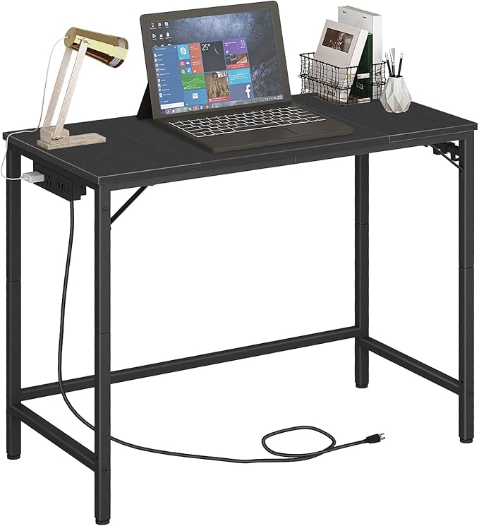 HOOBRO Computer Desk Home Office Desk with Power Outlet Modern Study Writing Desk with 3 Hooks for Study Room Home Office Sturdy and Stable Easy to Assemble Black BB40UDN01