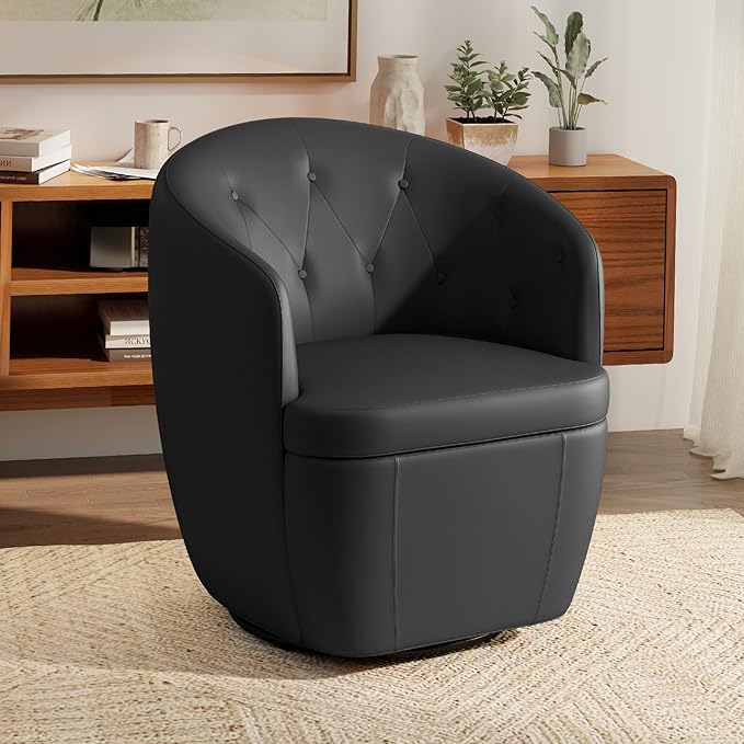 360° Swivel Leather Accent Chair Modern Barrel Club Chair with Leather Upholstery and Sturdy Base Comfortable Armchair for Living Room Bedroom Reading Nook Brown