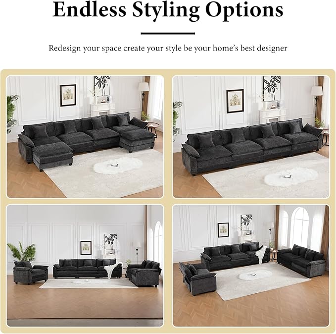 117.3” Black Modular Sectional Sofa 3 Seater Large Sectional Couches for Living Room Chenille Fabric Oversized Cloud Couch with Ottoman Deep Seat Wide Armrest Home Sofas Set Sofá Moderno