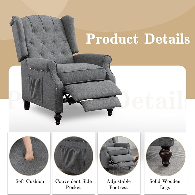 Pushback Recliner Chair Linen Elizabeth Tufted Armchair Accent Chair with Massage &ampHeat Mid Century Modern Wingback Single Sofa Chairs for Living Room Small Space Home Theater (Light Grey)