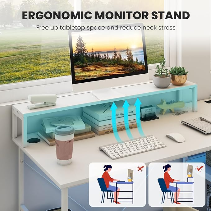 Tangkula 2-Person Reversible Computer Desk with LED Lights 94.5” Long Office Desk with Power Outlets Monitor Stand Keyboard Tray &amp 2 Storage Shelves Double Desk for Gaming Working Writing (Whi