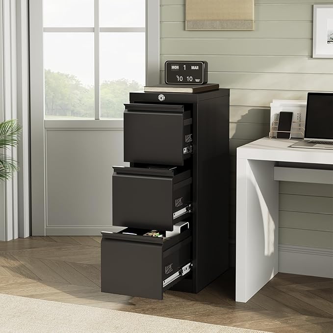 3-Drawer Lateral File Cabinet with Lock Heavy Duty Metal Filing Cabinet for Letter/Legal/A4/F4 Documents Space-Saving Vertical Office Storage Organizer for Home Office Easy Assembly Black