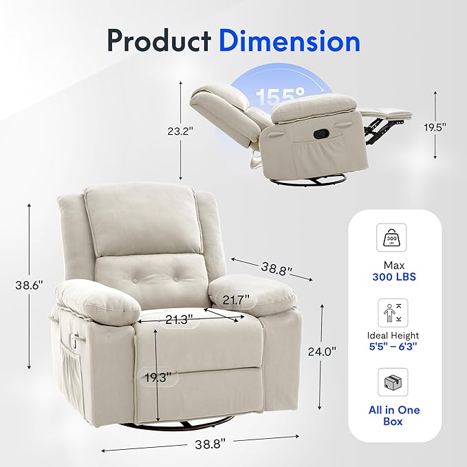 FLEXISPOT Swivel Rocker Recliner Chair for Adults Massage Recliner Rocking Chair Nursery 360° Swivel Nursery Glider for Living Room Bedroom Beige (XRC2)